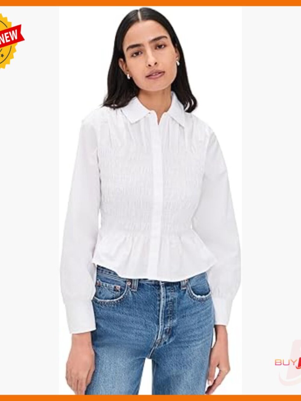 Long Sleeve Button Down Blouse With Smocked Bodice, Lightweight Cotton